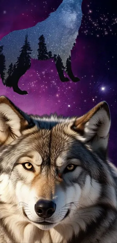 Mystic wolf with galaxy and stars in a celestial mobile wallpaper.