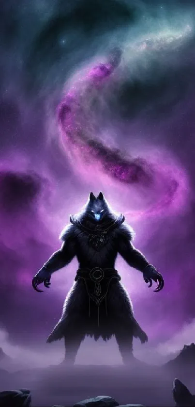 Wolf silhouette in mystical purple galaxy with swirling cosmic clouds.