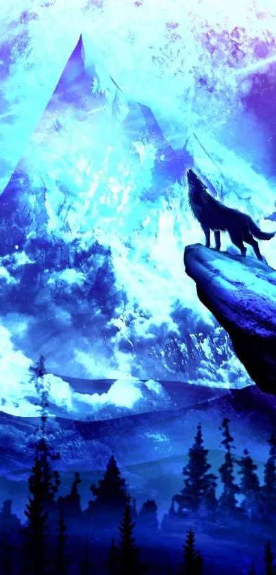 Wolf howling on cliff under cosmic night sky.