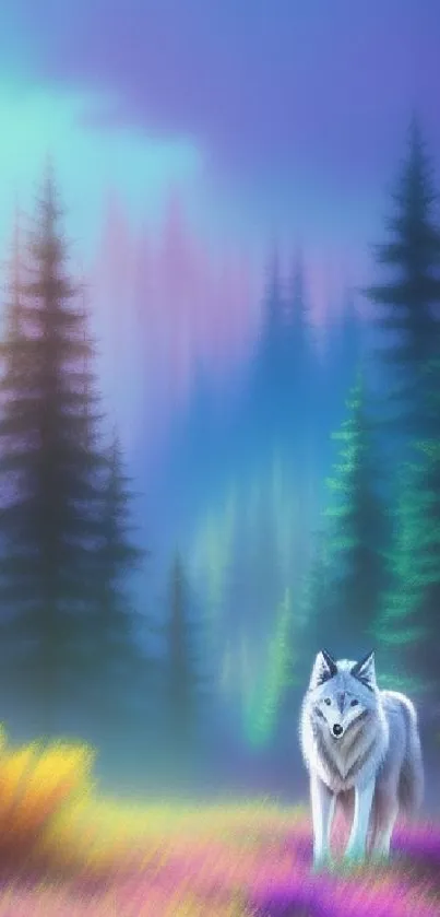 Wolf in a vibrant, colorful forest with misty trees.