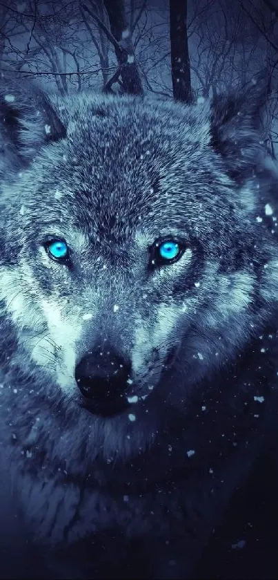 Mystic wolf with blue eyes in a snowy forest.