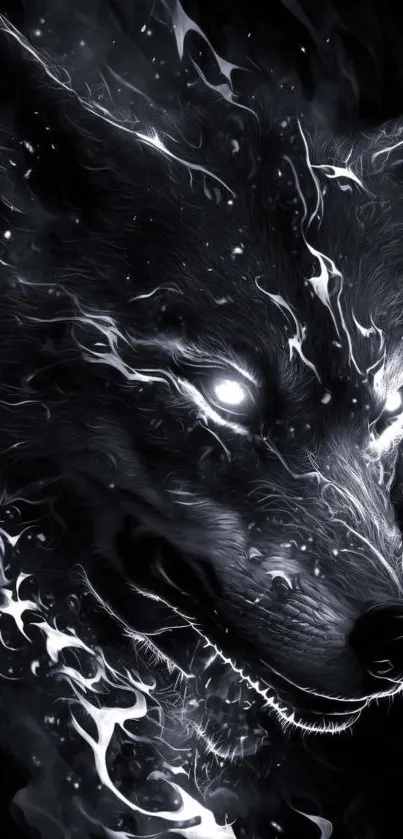 Mystical wolf with luminous eyes in dark wallpaper design.