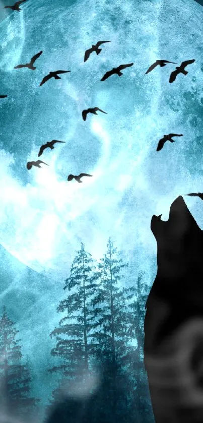 Wolf silhouette against full moon and flying birds, creating a mystical scene.