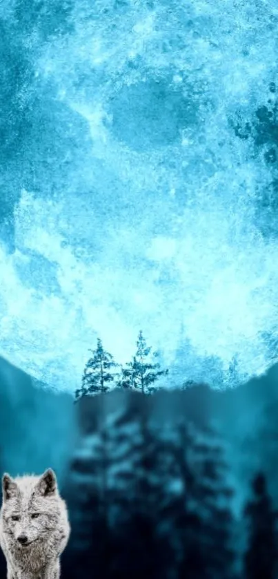 Ethereal wallpaper with a wolf under a glowing blue moon in a forest.