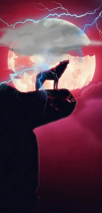 Silhouette of wolf on cliff against red moon background.