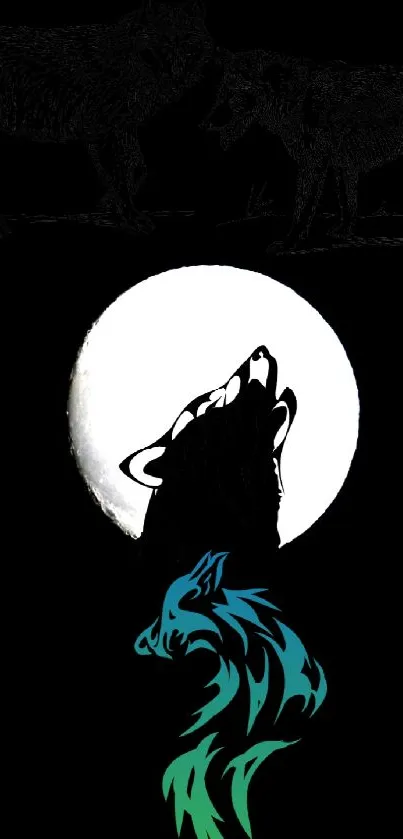 Artistic wolf howling at moon with vibrant colors on dark background.