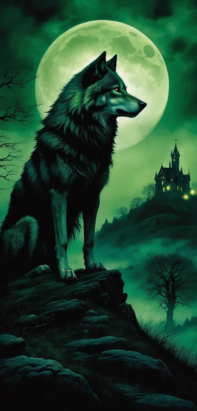 Dark green wallpaper featuring a lone wolf and a full moon over a haunted castle.