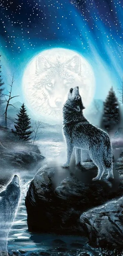 Wolf howling at moon under a starry night sky in a blue landscape.