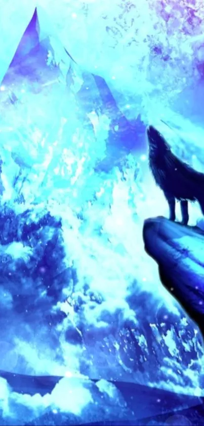 Wolf howling on a mountain under a mystical, blue celestial sky.