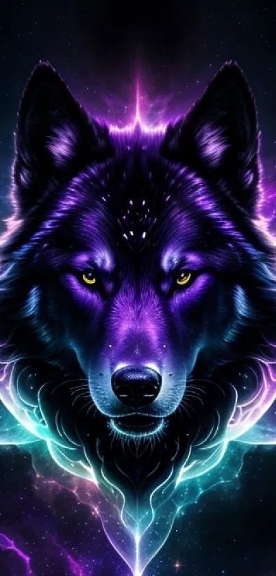 Mystical glowing purple wolf in a cosmic neon landscape.
