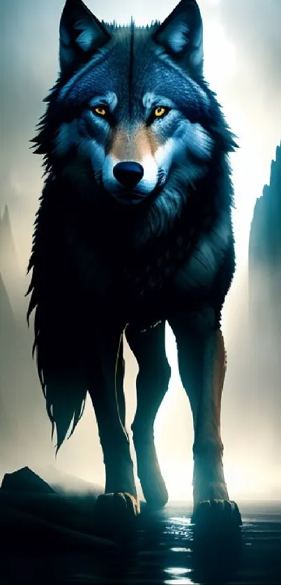 A mystic wolf standing in a dark, misty night landscape.