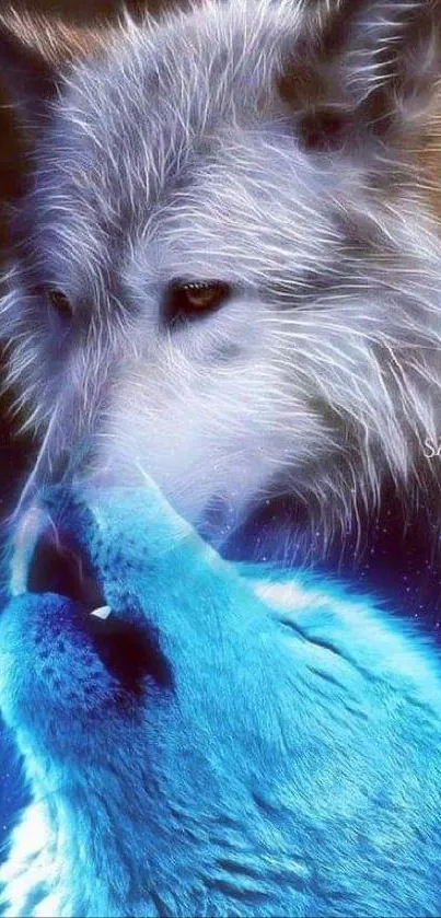 Mystic wolves with blue and white fur in artistic mobile wallpaper.