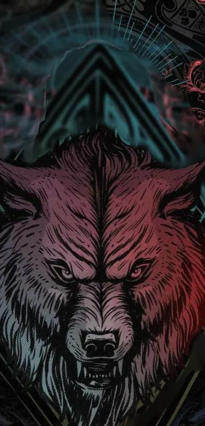 Mystical wolf design with patterns and colors, ideal for phone wallpaper.