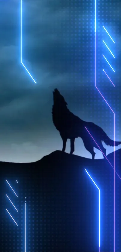 Mystical wolf silhouette with neon blue and purple lines.