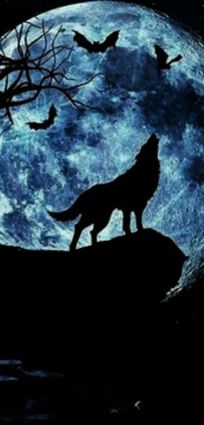 Silhouette of a wolf howling under a blue moon with bats flying in the night sky.