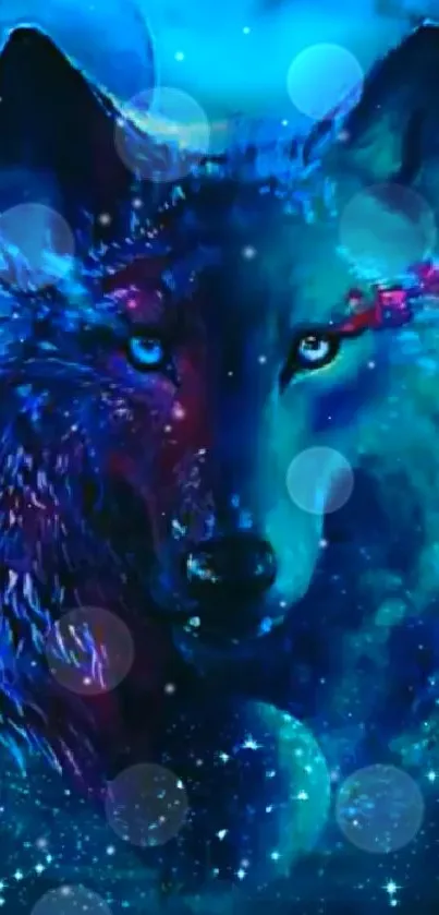 Mystic wolf under a moonlit, starry sky wallpaper.