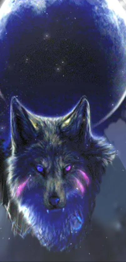 Mystic wolf glowing under a celestial moon in a starry sky, vibrant violet hues.