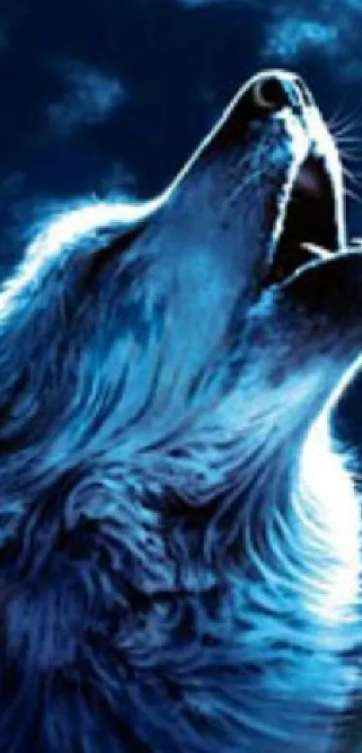 Mystical wolf howling against a bright full moon with deep blue hues.