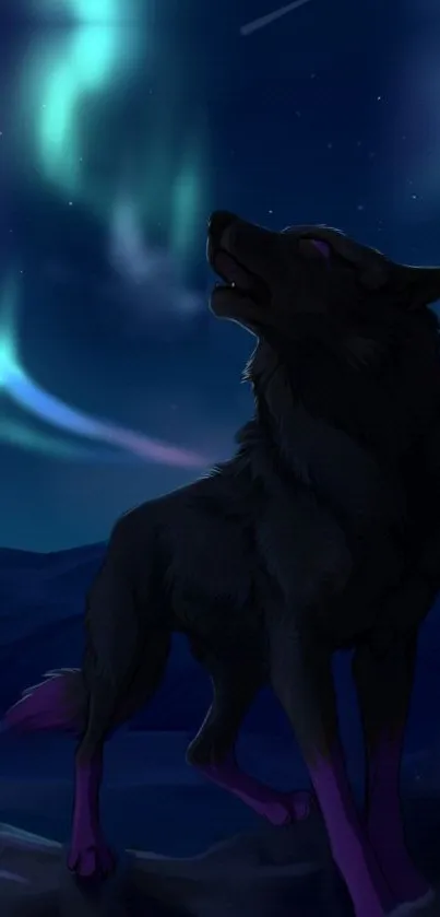 Mystical wolf silhouetted under vibrant northern lights sky.