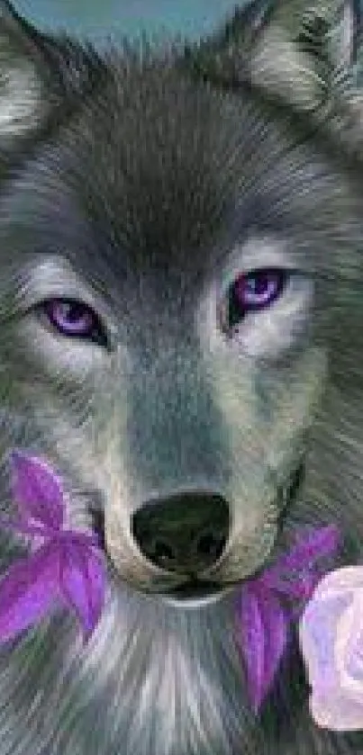 Mystic gray wolf holding purple and pink flowers in enchanting nature art.