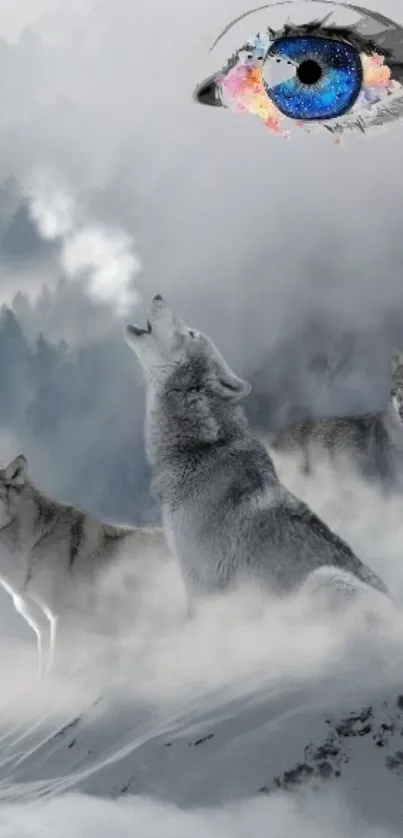 Ethereal wolves beneath a colorful eye in a foggy mountain scene.