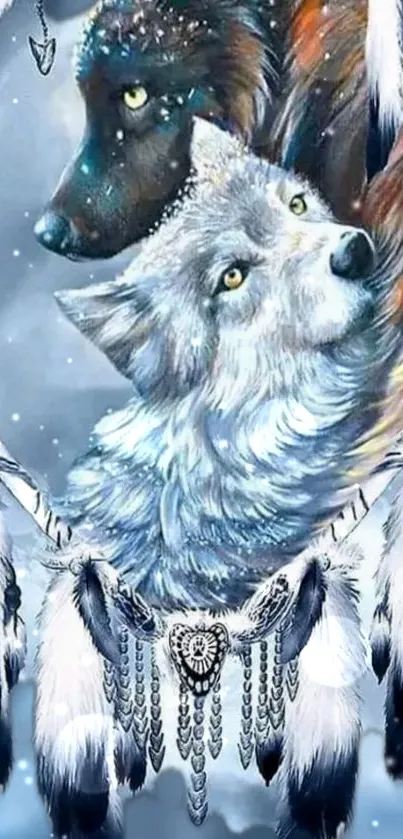 Mystic wolves and dreamcatcher art on a blue-gray mobile wallpaper.