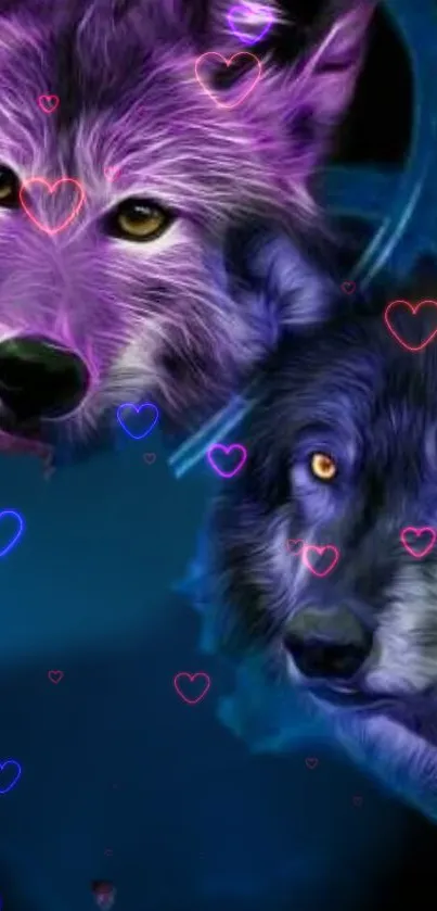 Purple and blue wolf themed mobile wallpaper with heart shapes.