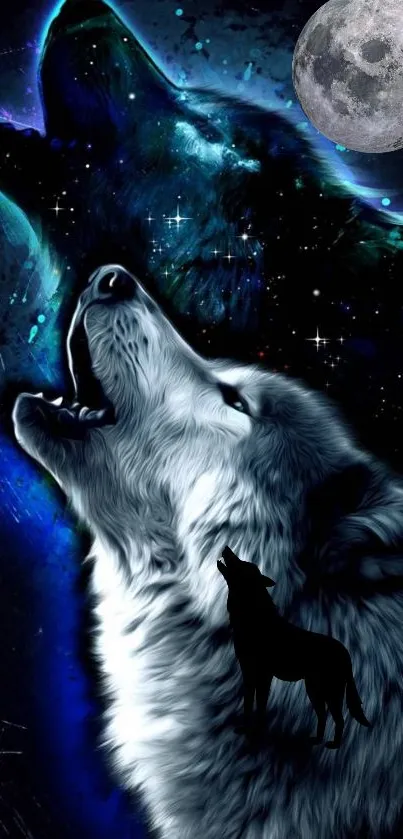 Mystic wolves howling under a full moon with a starry night sky backdrop.