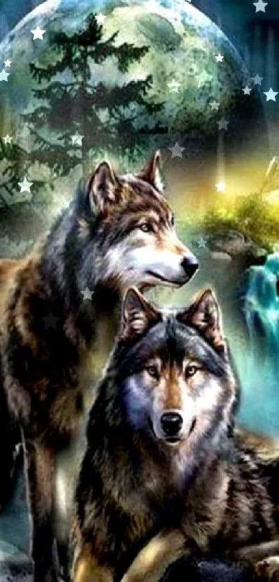 Two majestic wolves under a moonlit sky in a mystical forest setting.