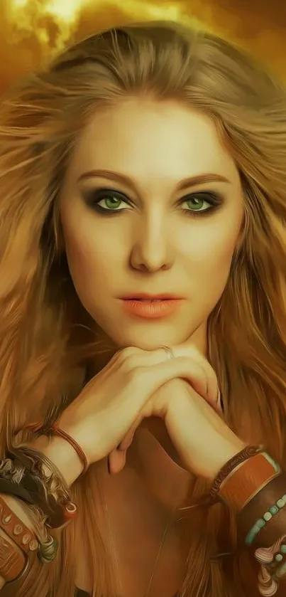 Mystic woman portrait with green eyes in warm golden tones.