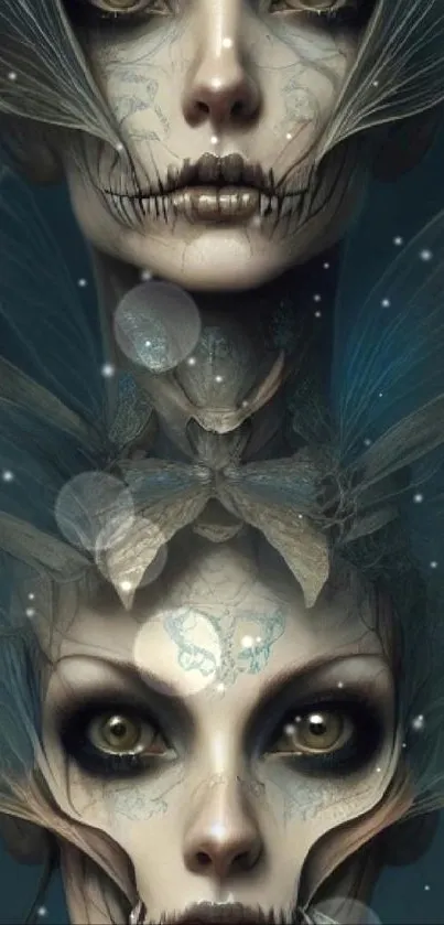 Mystical abstract fairy faces with wings in dark teal tones.