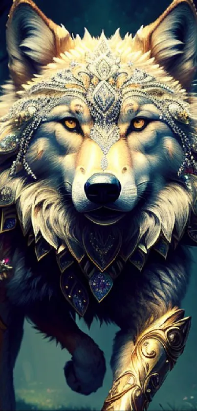 Intricate fantasy wolf adorned with jewelry in a mystical forest setting.