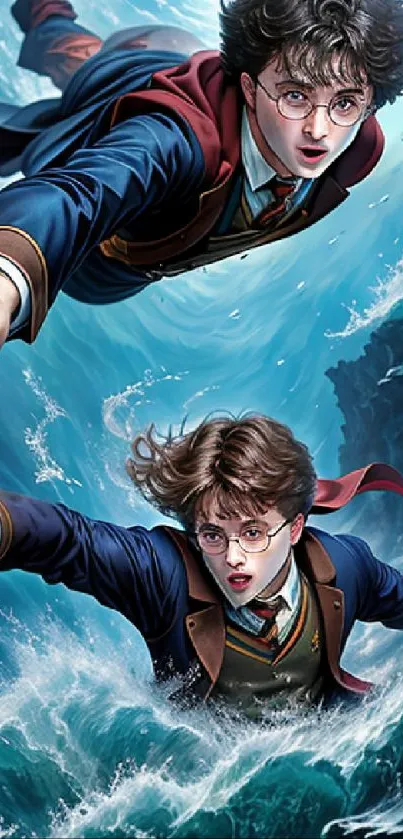 Magical adventure wallpaper with fantasy characters over ocean waves.