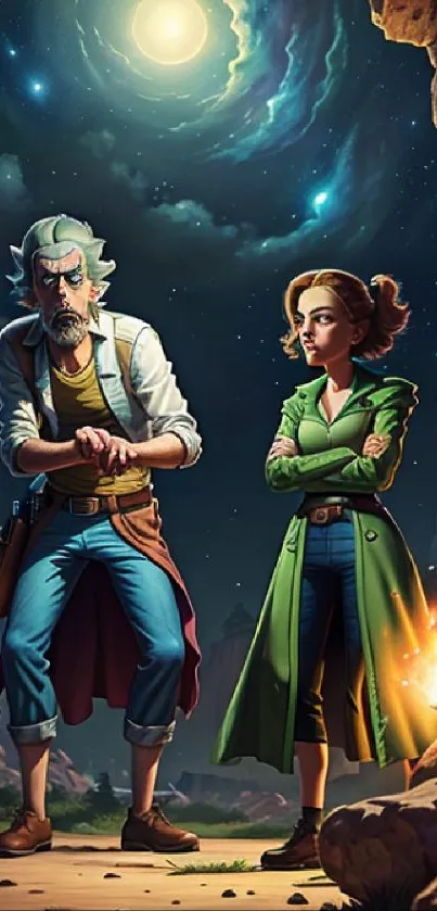 Adventure scene with characters in a mystical night sky setting.