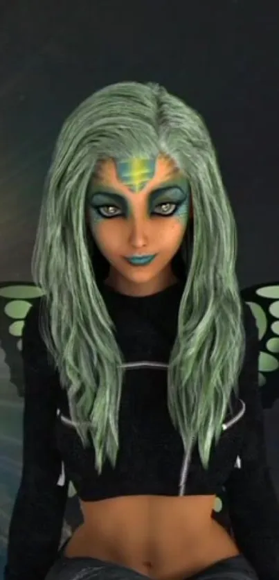 Green-haired fairy with wings against dark backdrop.