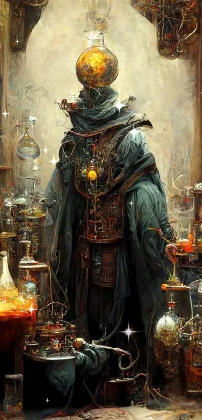 Mystical alchemist surrounded by ornate laboratory equipment.