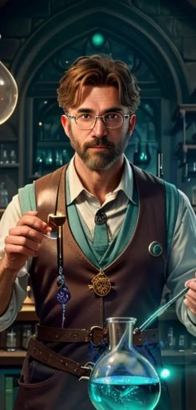 Steampunk alchemist in detailed lab with glowing blue potion.