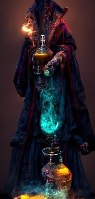 Mystical alchemist conjuring colorful potions in a dark robe.