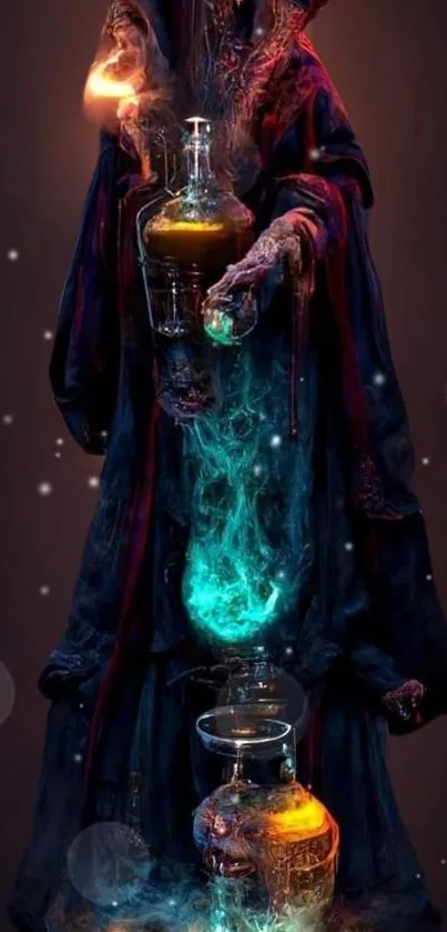 Mystical hooded figure with glowing potions wallpaper.