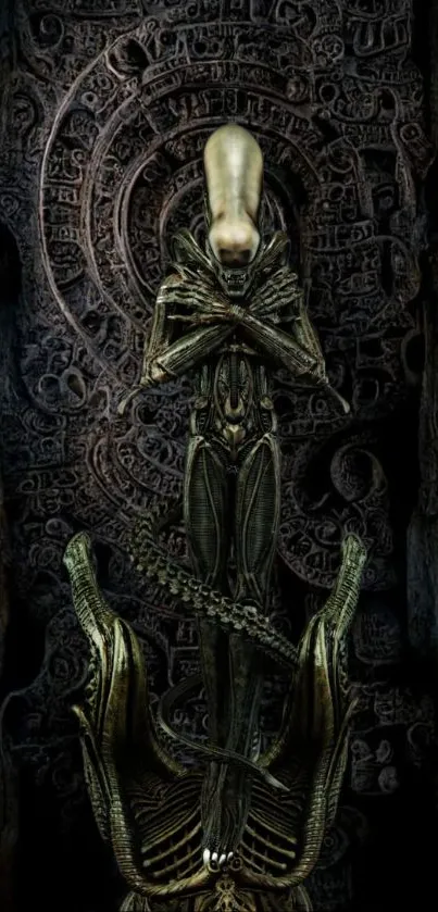 Mystical alien statue art with dark ancient patterns.