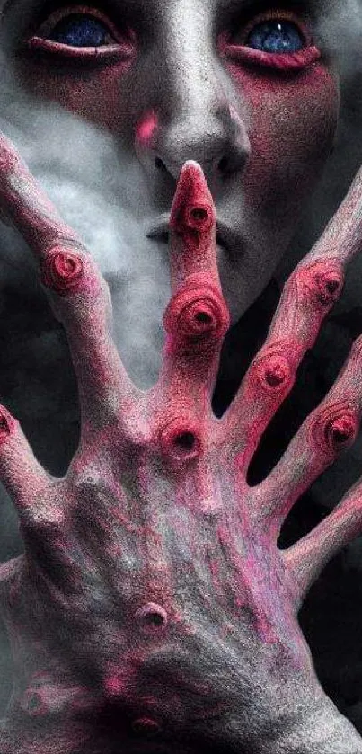 Eerie mystical alien hand wallpaper with fog and vivid details.