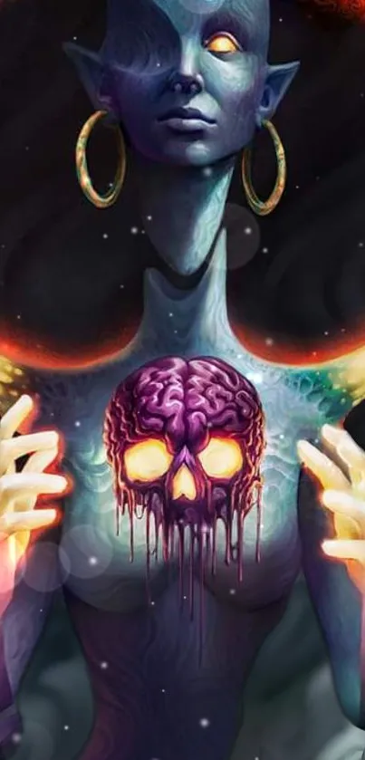 Mystical alien holding vibrant skull in surreal artwork.