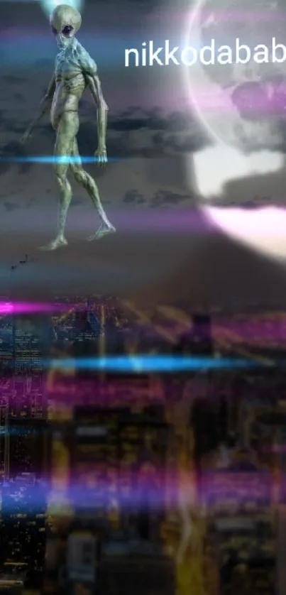 Alien-themed cityscape with futuristic neon lights and misty clouds.