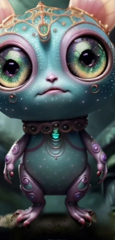 Mystical alien creature with large eyes in a fantasy forest setting.