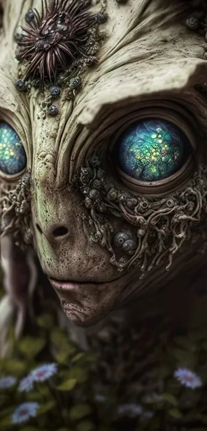 Mystical alien creature with vibrant eyes and intricate design on mobile wallpaper