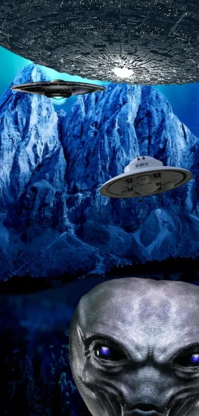 Alien encounter wallpaper with UFOs over a mountain landscape.