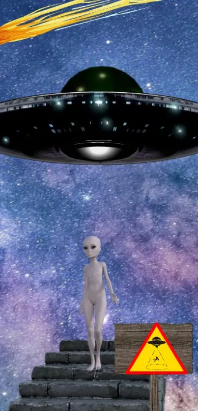 An alien stands under a UFO in a starry sky with a shooting star and cosmic background.