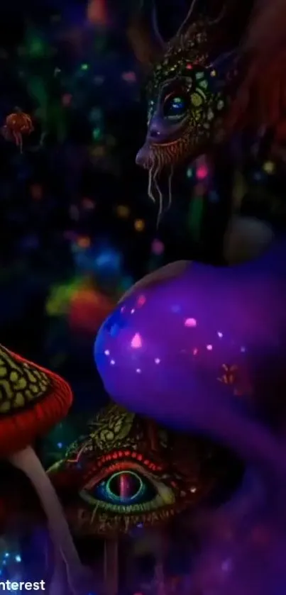 Mystical alien forest with vibrant mushrooms and surreal creatures.