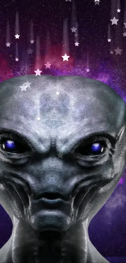 Mysterious alien with cosmic galaxy background.