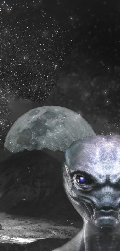 Alien and galaxy wallpaper with moon backdrop and starry night sky.